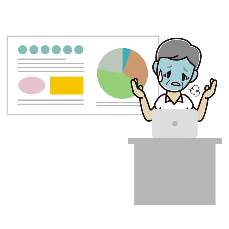 プレゼンで具合が悪い年配男性会社員（クールビズ）のイラスト【色あり、背景なし】透過PNG