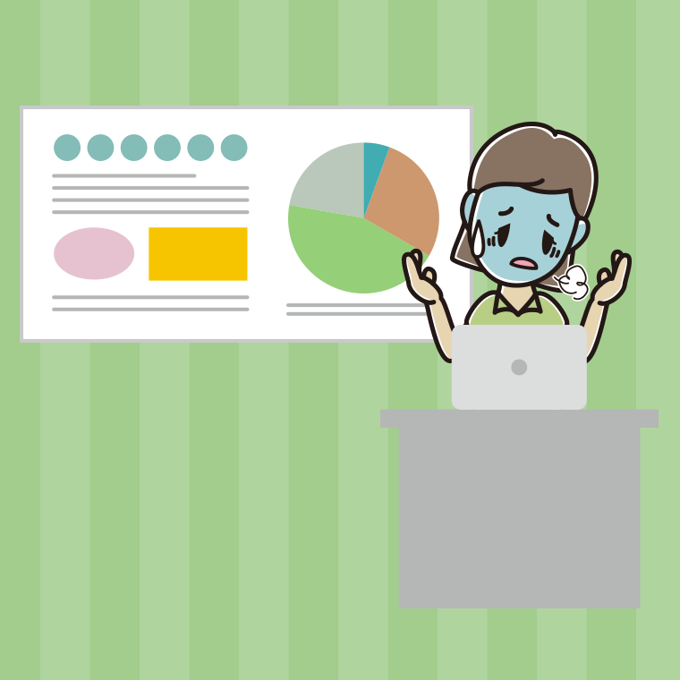 プレゼンで具合が悪い女性会社員（クールビズ）のイラスト【色、背景あり】PNG