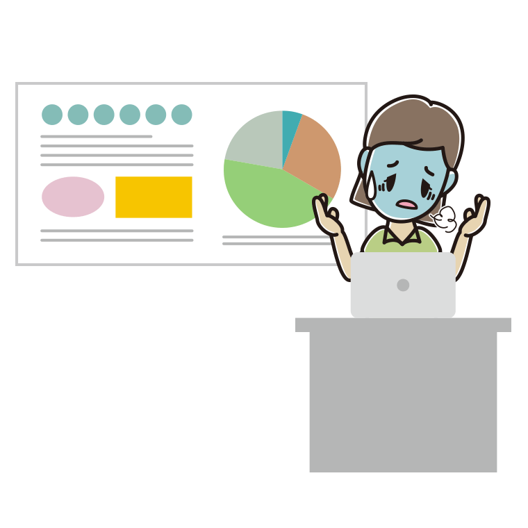 プレゼンで具合が悪い女性会社員（クールビズ）のイラスト【色あり、背景なし】透過PNG