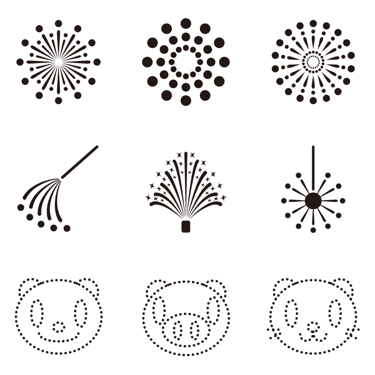 花火のイラスト・アイコンセット（9種）【モノクロ】透過PNG