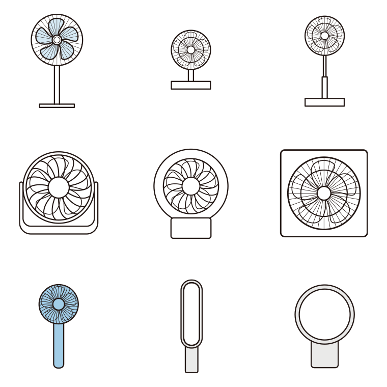 扇風機のイラスト・アイコンセット（9種）【色あり、背景なし】透過PNG