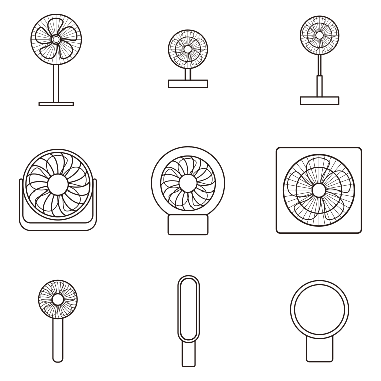 扇風機のイラスト・アイコンセット（9種）【線のみ】透過PNG