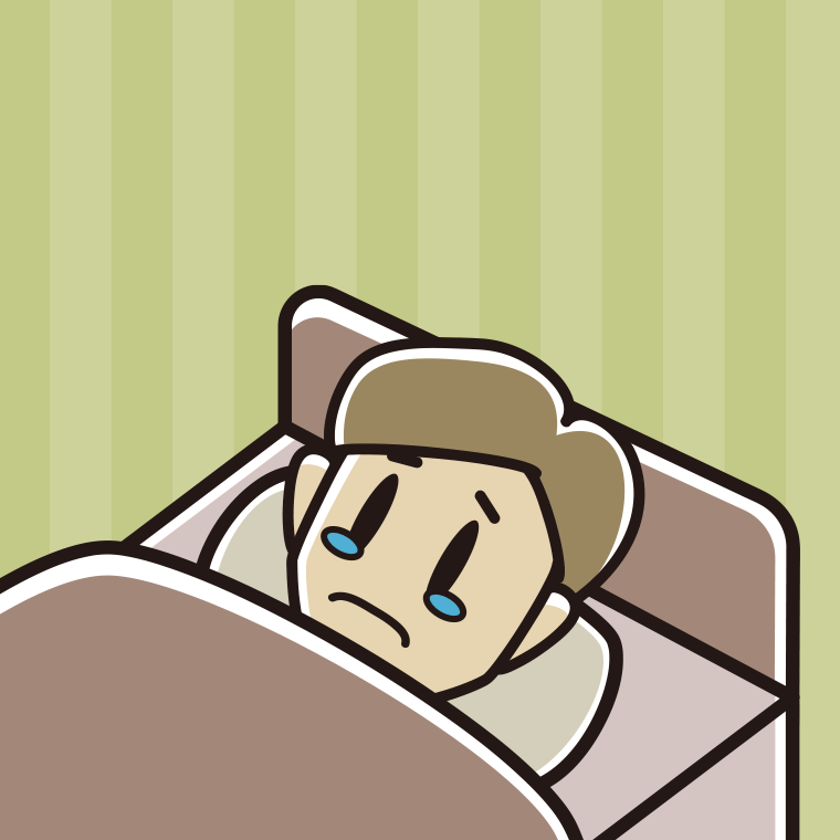 ベッドで寝ながら泣く男性のイラスト【色、背景あり】PNG