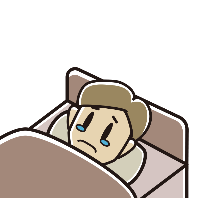 ベッドで寝ながら泣く男性のイラスト【色あり、背景なし】透過PNG