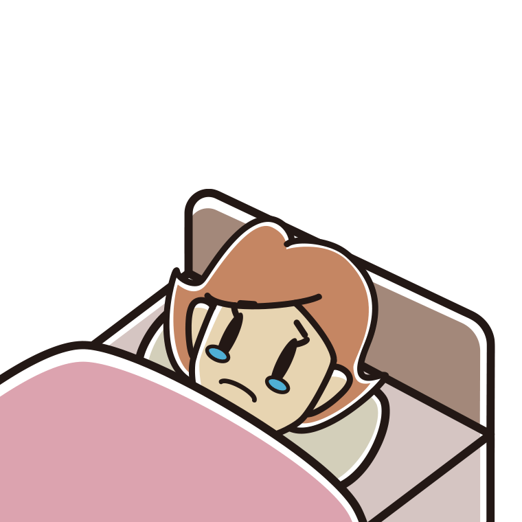 ベッドで寝ながら泣く女性のイラスト【色あり、背景なし】透過PNG
