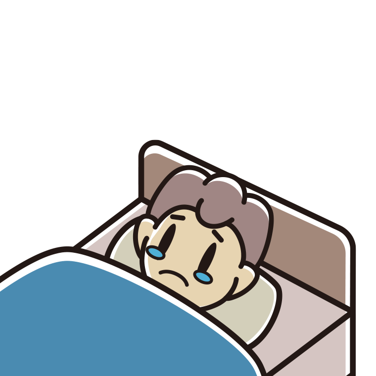 ベッドで寝ながら泣く男子中学生のイラスト【色あり、背景なし】透過PNG