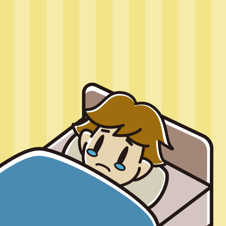 ベッドで寝ながら泣く男子高校生のイラスト【色、背景あり】PNG