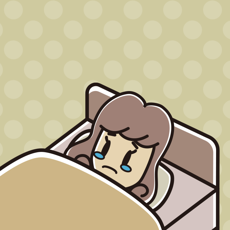 ベッドで寝ながら泣く女子大学生のイラスト【色、背景あり】PNG