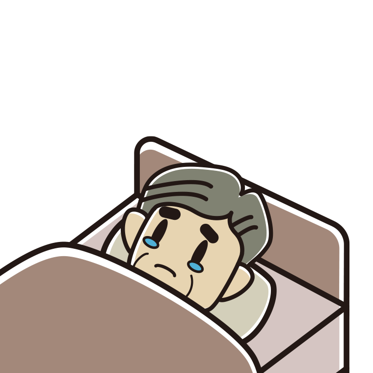 ベッドで寝ながら泣くおじさんのイラスト【色あり、背景なし】透過PNG