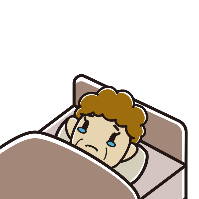 ベッドで寝ながら泣くおばさんのイラスト【色あり、背景なし】透過PNG