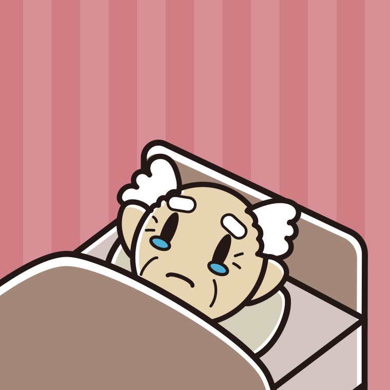 ベッドで寝ながら泣くおじいさんのイラスト【色、背景あり】PNG