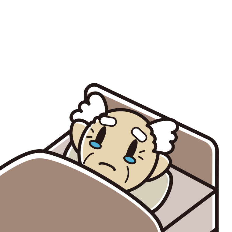 ベッドで寝ながら泣くおじいさんのイラスト【色あり、背景なし】透過PNG