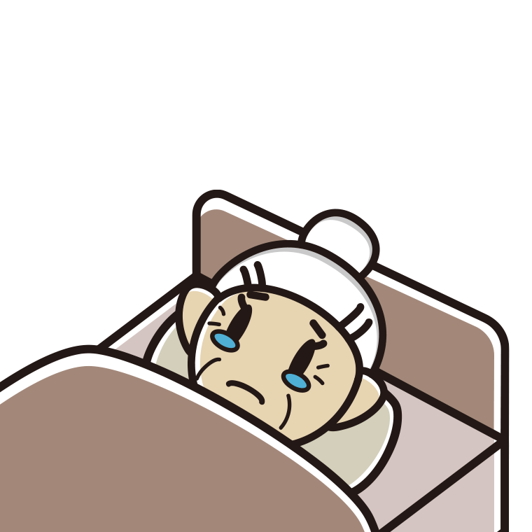 ベッドで寝ながら泣くおばあさんのイラスト【色あり、背景なし】透過PNG
