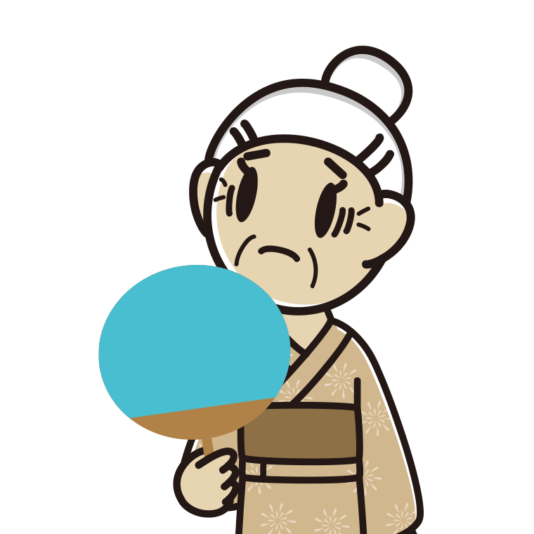 夕涼みで困るおばあさんのイラスト【色あり、背景なし】透過PNG