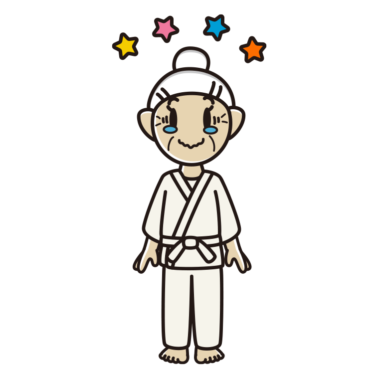 ジーンとする道着のおばあさんのイラスト【色あり、背景なし】透過PNG
