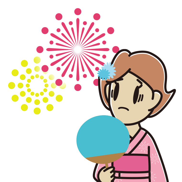 花火を見て困る女性のイラスト【色あり、背景なし】透過PNG