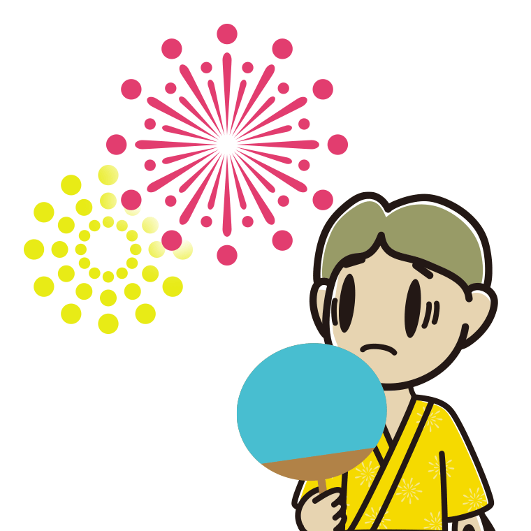 花火を見て困る小学生男子のイラスト【色あり、背景なし】透過PNG