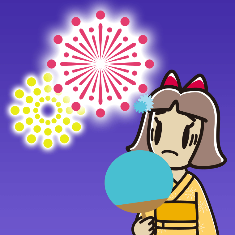 花火を見て困る小学生女子のイラスト【色、背景あり】PNG