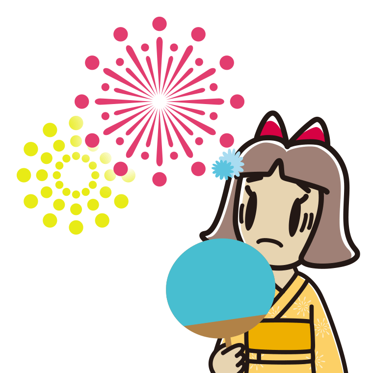 花火を見て困る小学生女子のイラスト【色あり、背景なし】透過PNG