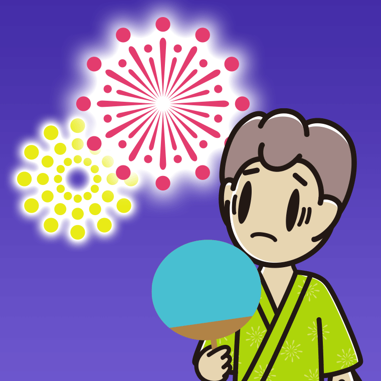 花火を見て困る男子中学生のイラスト【色、背景あり】PNG