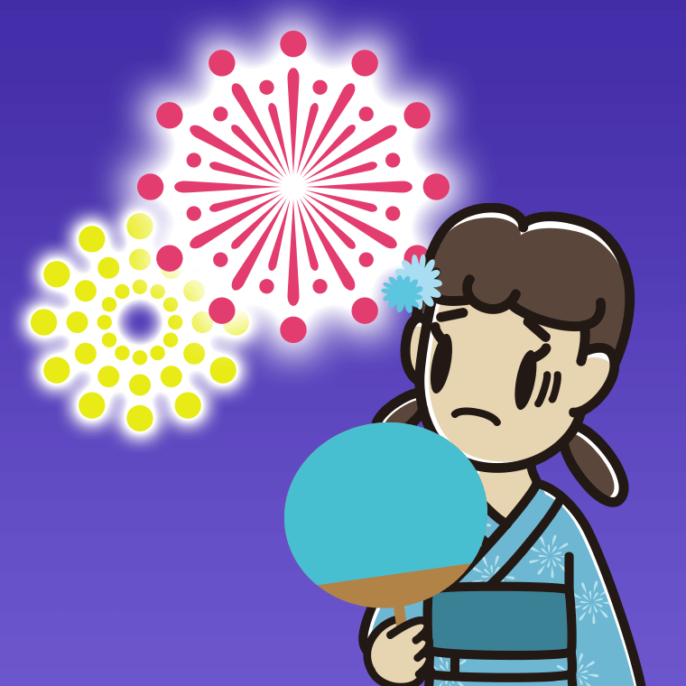 花火を見て困る女子中学生のイラスト【色、背景あり】PNG