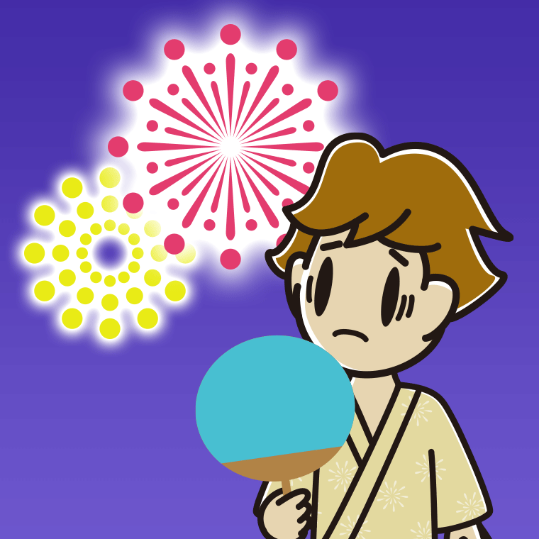 花火を見て困る男子高校生のイラスト【色、背景あり】PNG
