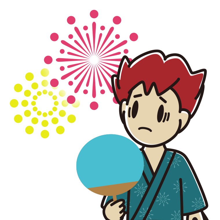 花火を見て困る男子大学生のイラスト【色あり、背景なし】透過PNG