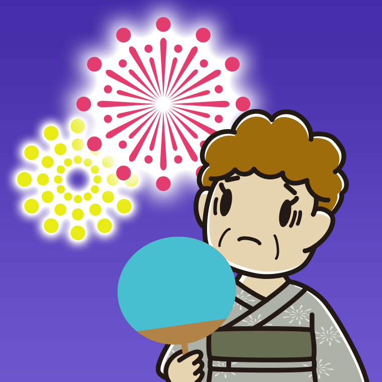 花火を見て困るおばさんのイラスト【色、背景あり】PNG