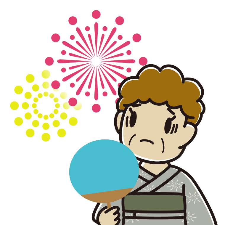 花火を見て困るおばさんのイラスト【色あり、背景なし】透過PNG