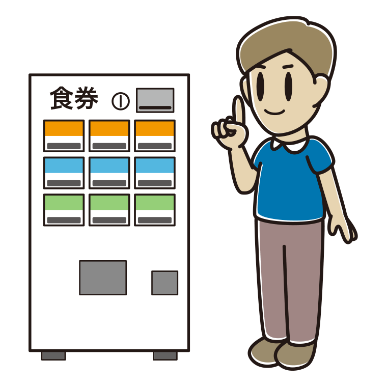 券売機で食券を買う男性のイラスト【色あり、背景なし】透過PNG