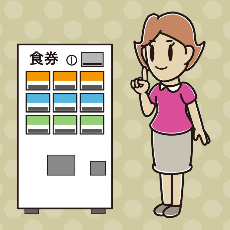 券売機で食券を買う女性のイラスト【色、背景あり】PNG