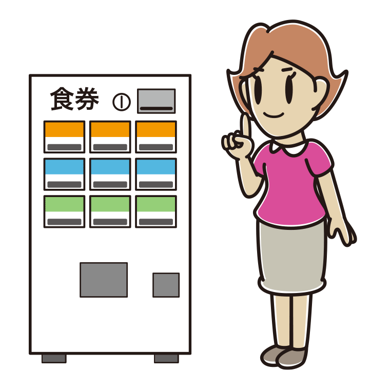 券売機で食券を買う女性のイラスト【色あり、背景なし】透過PNG