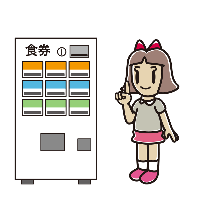 券売機で食券を買う小学生女子のイラスト【色あり、背景なし】透過PNG