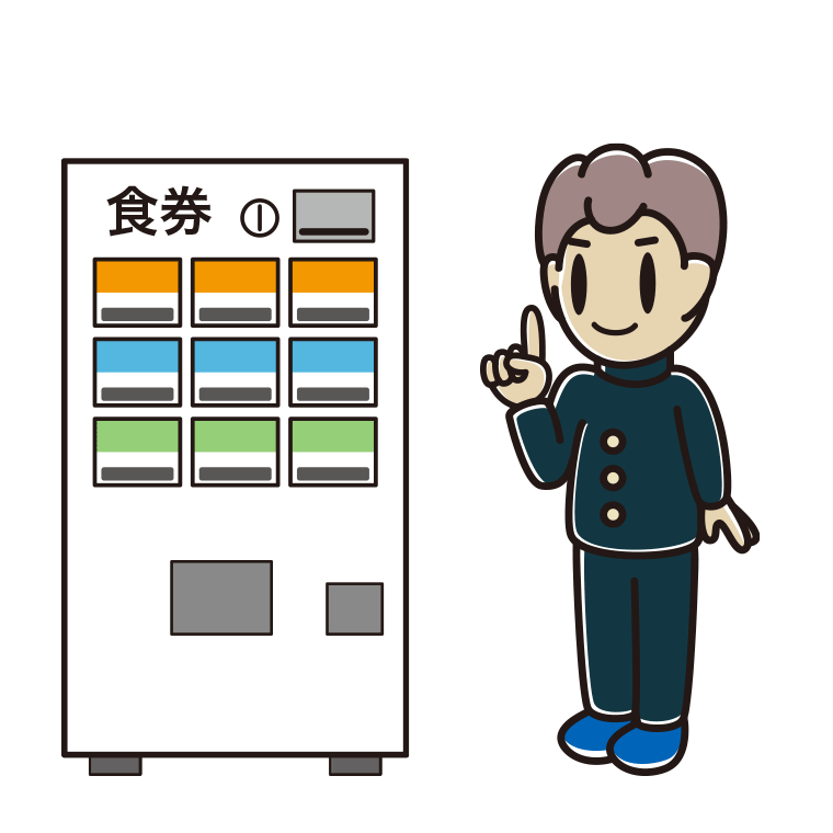 券売機で食券を買う男子中学生のイラスト【色あり、背景なし】透過PNG
