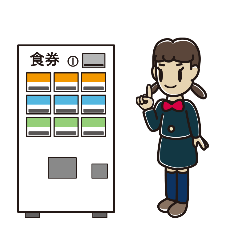 券売機で食券を買う女子中学生のイラスト【色あり、背景なし】透過PNG