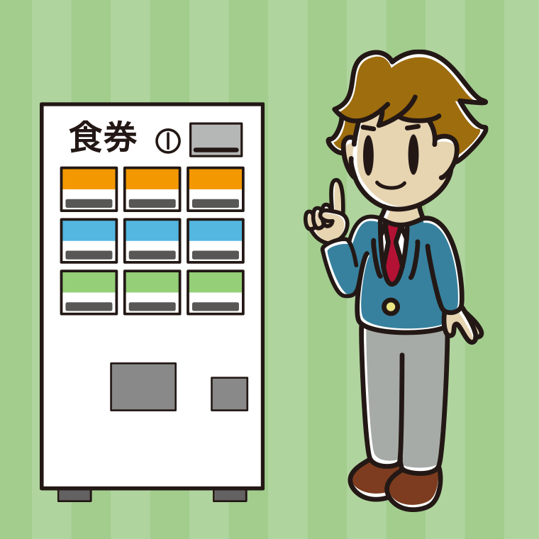 券売機で食券を買う男子高校生のイラスト【色、背景あり】PNG