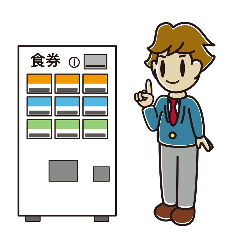 券売機で食券を買う男子高校生のイラスト【色あり、背景なし】透過PNG