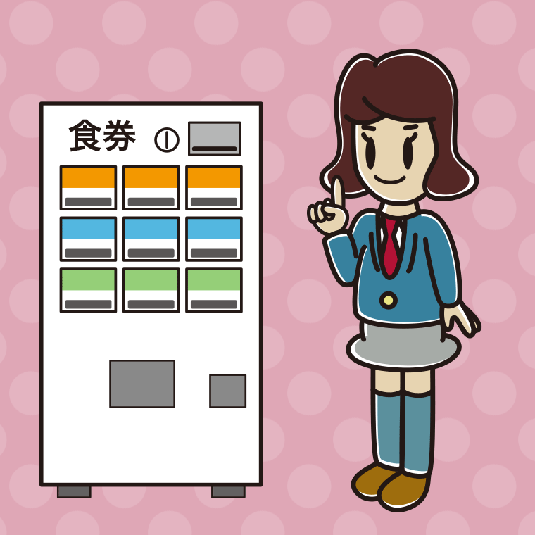 券売機で食券を買う女子高校生のイラスト【色、背景あり】PNG