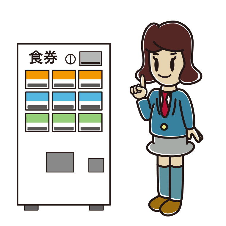 券売機で食券を買う女子高校生のイラスト【色あり、背景なし】透過PNG