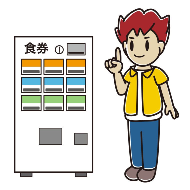 券売機で食券を買う男子大学生のイラスト【色あり、背景なし】透過PNG