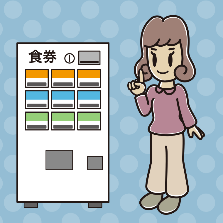 券売機で食券を買う女子大学生のイラスト【色、背景あり】PNG