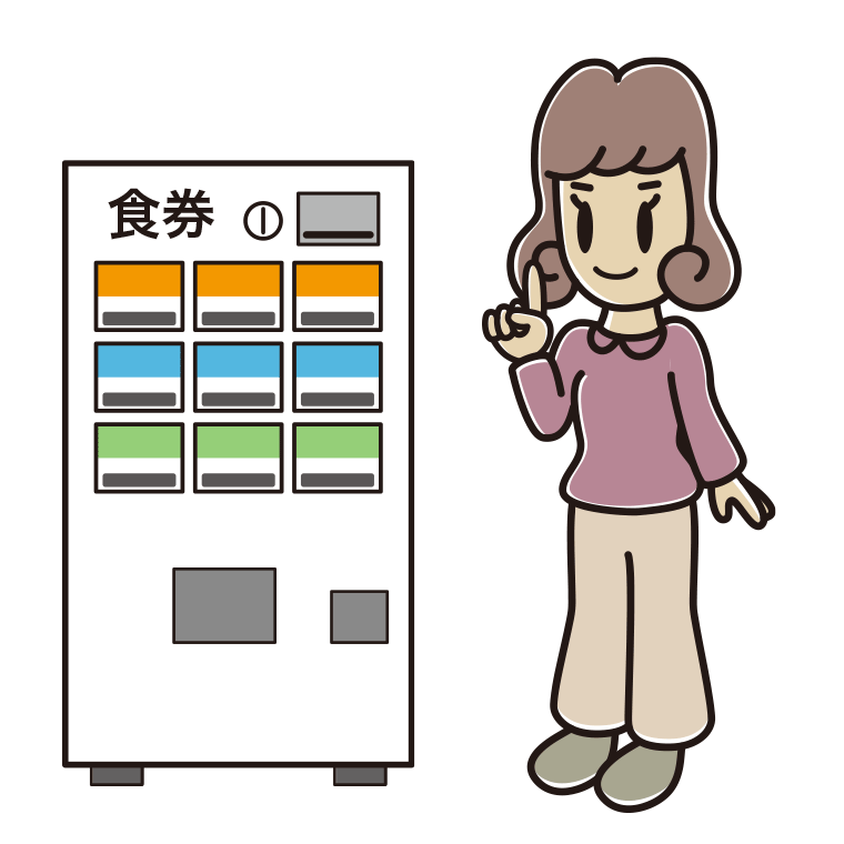 券売機で食券を買う女子大学生のイラスト【色あり、背景なし】透過PNG
