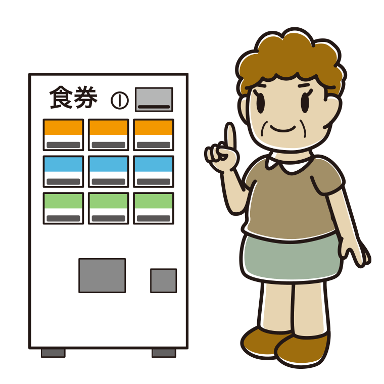 券売機で食券を買うおばさんのイラスト【色あり、背景なし】透過PNG