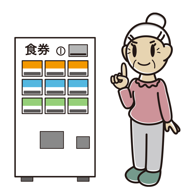 券売機で食券を買うおばあさんのイラスト【色あり、背景なし】透過PNG