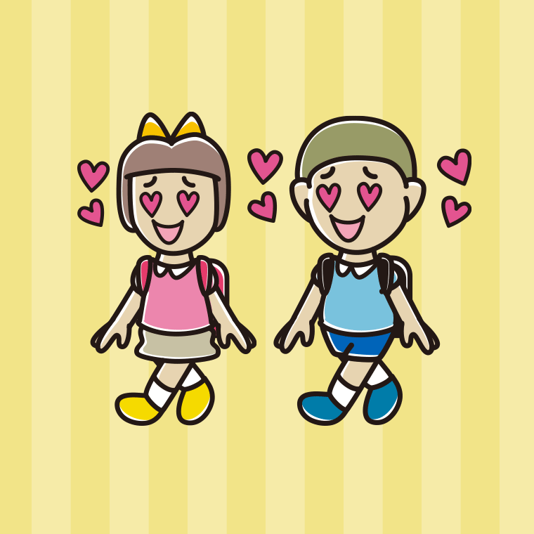 通学中に目がハートになる新小学一年生のイラスト【色、背景あり】PNG