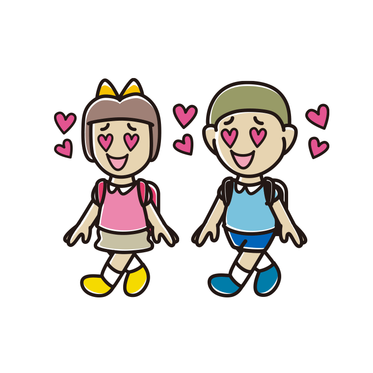 通学中に目がハートになる新小学一年生のイラスト【色あり、背景なし】透過PNG