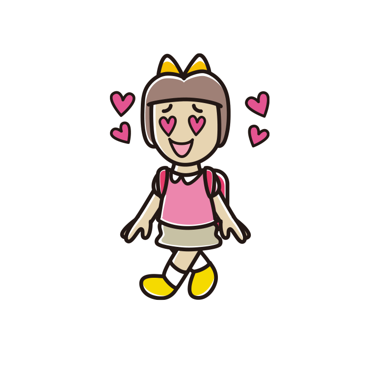 通学中に目がハートになる新小学一年生女子のイラスト【色あり、背景なし】透過PNG