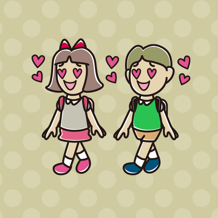 通学中に目がハートになる小学生のイラスト【色、背景あり】PNG