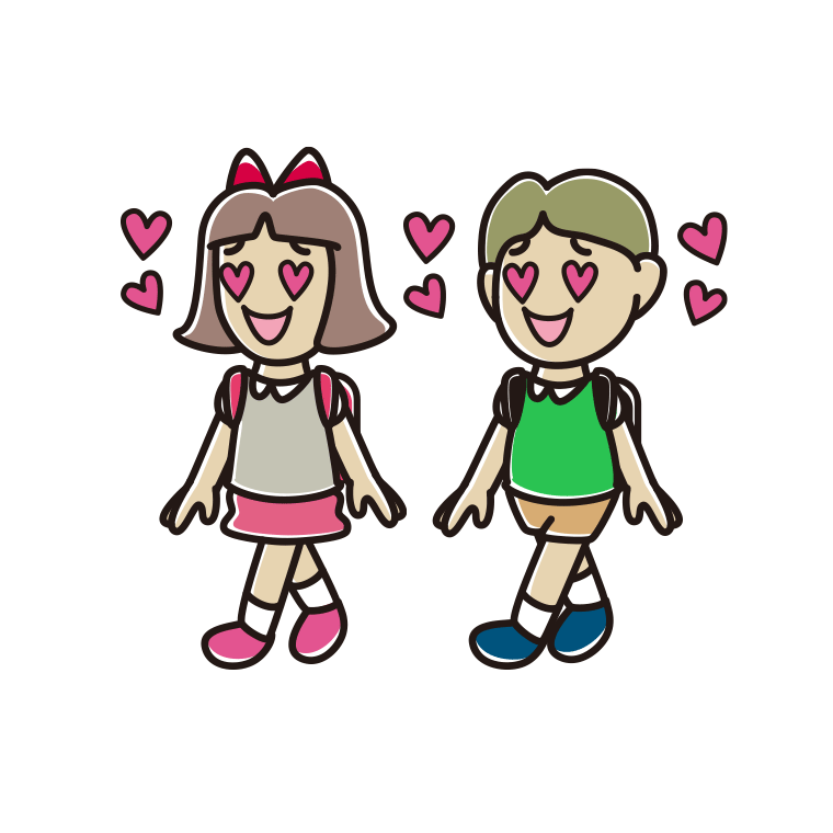 通学中に目がハートになる小学生のイラスト【色あり、背景なし】透過PNG