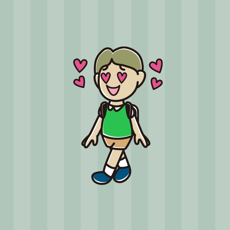 通学中に目がハートになる小学生男子のイラスト【色、背景あり】PNG